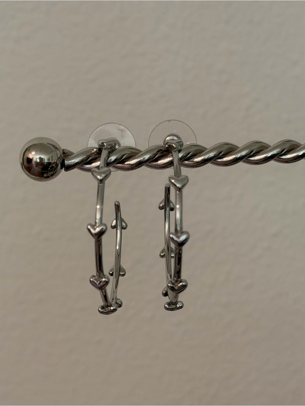 Silver Hoop Earrings with heart Accents - Women Jewelry